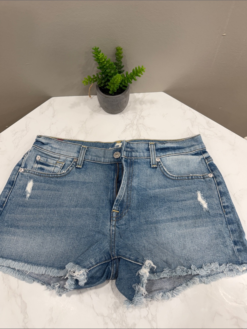 7 For All Mankind Distressed Light Blue Denim Cutoff Shorts